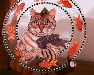 Cute plate with a tabby cat and goldfish.
