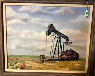 Beautifully rendered oil painting by local artist, Karen Domer. If you can't afford your own oil well, you can at least have a view of one over your desk.