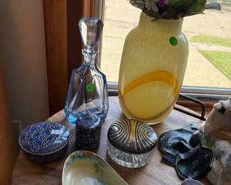 Art glass vase , Nippon salts, and pretty blue crystal perfume decanter.