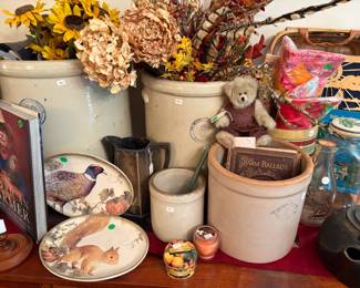 Three nice old crocks and fall decor.