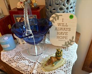 Pretty blue glass basket.