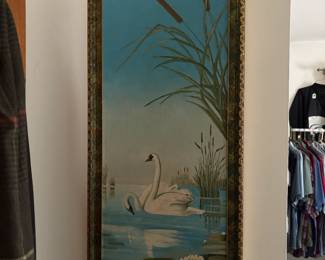 Vintage oil painting of swan on the cool blue water.