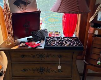 Vintage magazine stand filled with old sheet music. The little 3 drawer decorative chest is a sweet piece.