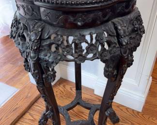 Antique Chinese Carved Hardwood Stand Table with Marble Inset 32