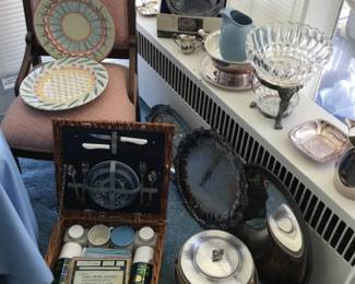 Mackenzie Childs Plates, Sak’s 5th Ave. Picnic Basket, Silver plate Platters