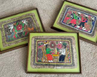 Mexican Folk Art Style Colorful Hand-Painted Amate Bark Artwork