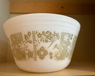Federal Milk Glass Bowl with Olive Green Floral Design