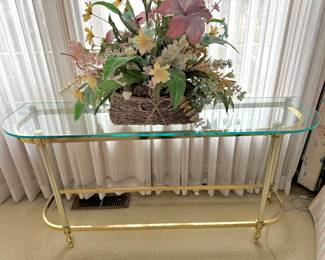 Mid Century Brass Glass Top Console Table