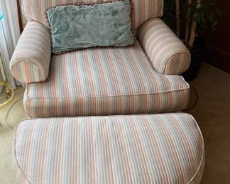 Upholstered Armchair and Ottoman with Cream, Blue and Pink Striped Pattern
