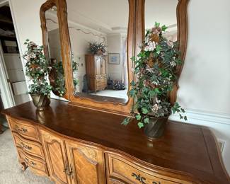 French Louis XV Style Oak Lowboy Dresser with Mirror