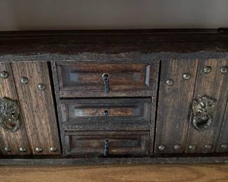 Rustic Dark Wood Jewelry Box with Lion Motif