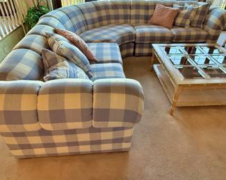 Bernhardt Blue & White Plaid Curved Sectional