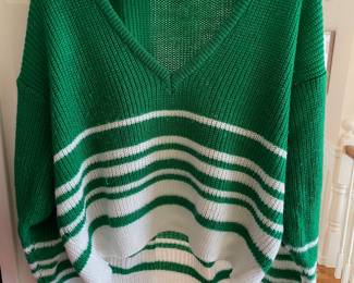 1970s Sultra Green & White Striped V-Neck Sweater – Size Small