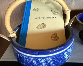Blue Stoneware Bowl with Bamboo Handle, Gift From the Sea by Anne Morrow Lindbergh