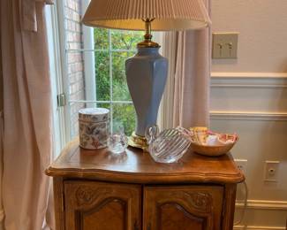French Louis XV Style Oak Night Stand, Blue Ceramic Table Lamp with Brass Accents