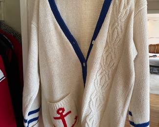 1990s Cambridge Dry Goods White Knitted Nautical V-Neck Cardigan