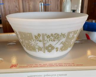 Federal Milk Glass Bowl with Olive Green Floral Design