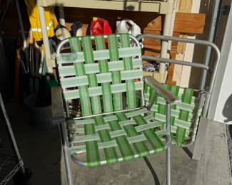 Pair of Vintage Green Weaved Aluminum Folding Lawn Chairs