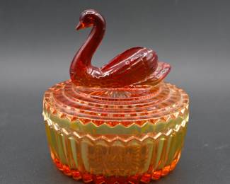 vintage Jeannette Glass amberina swan covered dish