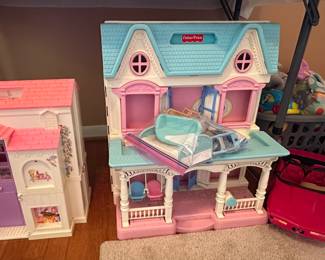 1990’s Folding Pretty Barbie House & Fisher Price Loving Family Dollhouse. Barbie Cars