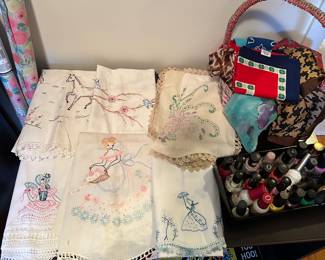 Vintage handmade embroidered Dresser, scarfs; nail polish; silk scarves