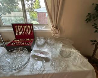 Gold-toned Flatware Set. Lots of Cut Glass Pieces