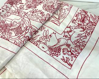 Lot 7790 Vintage Embroidered Redwork Tablecloth