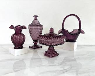 Lot 7789 Vintage Purple Glass Vases and Basket