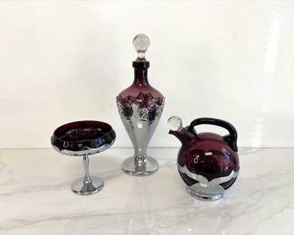 Lot 7665 Vintage Farber Brothers Amethyst Color Glass Decanters  Bowl
