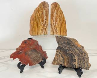 Lot 7706 Natural Marble Bookends  Stromatolite  Petrified Wood  Natural Curiosities