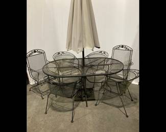 Lot 7893 Vintage Metal Patio Chairs Table with Umbrella