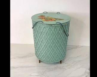 Lot 7830 Vintage Woven Sewing Basket Hamper Filled with Notions