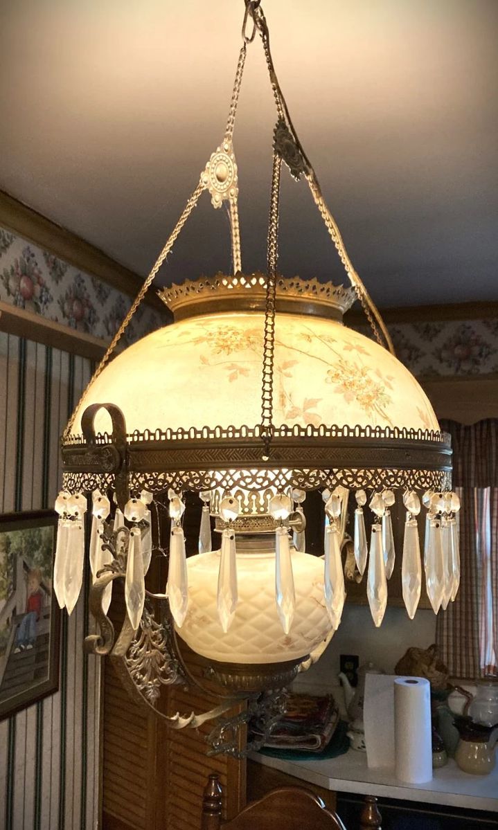c,1880s Victorian Chandelier/Oil lamp with crystal bobbins, electrified for modern use.