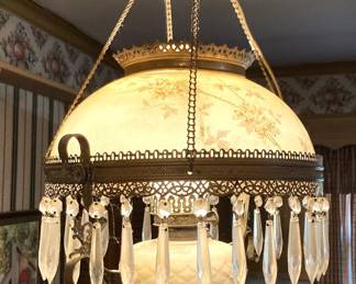 c,1880s Victorian Chandelier/Oil lamp with crystal bobbins, electrified for modern use.