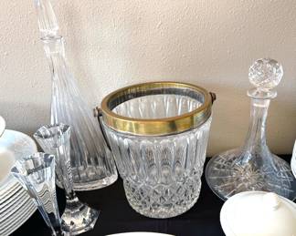 Cut crystal glassware, decanter, ice bucket