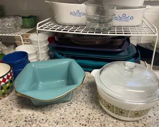 Pyrex Autumn Floral Verde 1960's lidded casserole & Southern Living at Home Baking Dish Tuscan baker