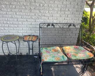 Wrought Iron two person patio glider bench and side tables