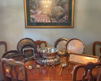 Formal Dining Table, Silver plate serving pieces and punch bowl 