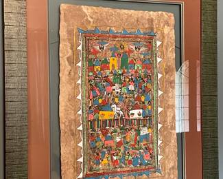 Exquisite Sacred Luis Santos Mexico Folk Art Amate Bark Painting Wedding Village 