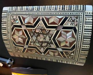 Egyptian Wood and Mother of Pearl Mosaic trinket box
