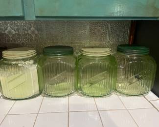 Vintage Vaseline Uranium Hoosier Ribbed Canister Jar Set