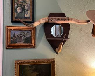 Antique Steer horn hat rack with mirror