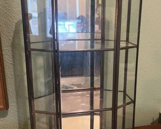 Vintage Brass and Glass Display Shelf with Mirror Wall or Tabletop