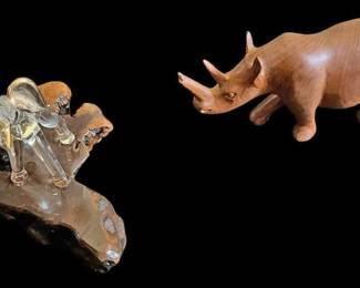 Teak Wood Rhino Glass Elephant Wood Base