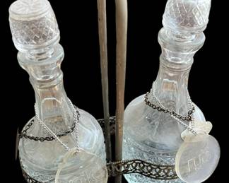 Vintage Liquor Decanter Set Silver Caddy