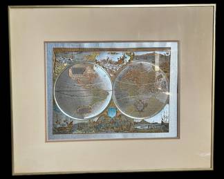 Vintage Framed World Map Foil Print