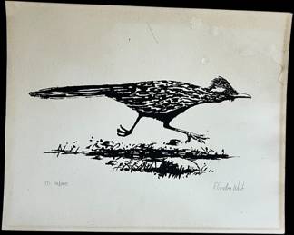 Vintage Signed Linocut Roadrunner Art