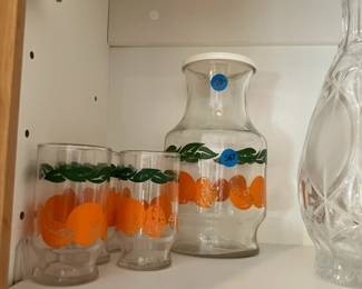 antique orange juice pitcher with matching glasses