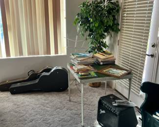 guitars, amp, music books, artificial tree, music stand and more
