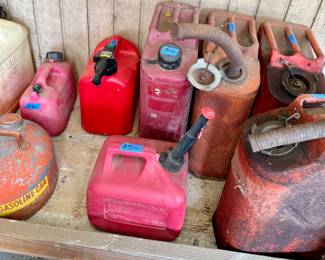 Gas cans, including vintage Jerry cans